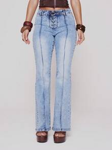 MUSERA Quần jeans ống loe cạp trung, buộc dây phía trước, chất liệu denim mài, thích hợp cho mùa xuân hè, lễ hội, gợi cảm, kỳ nghỉ ở Ibiza, phong cách cao bồi Y2K, phá cách. - Màu xanh lam - Xem 1