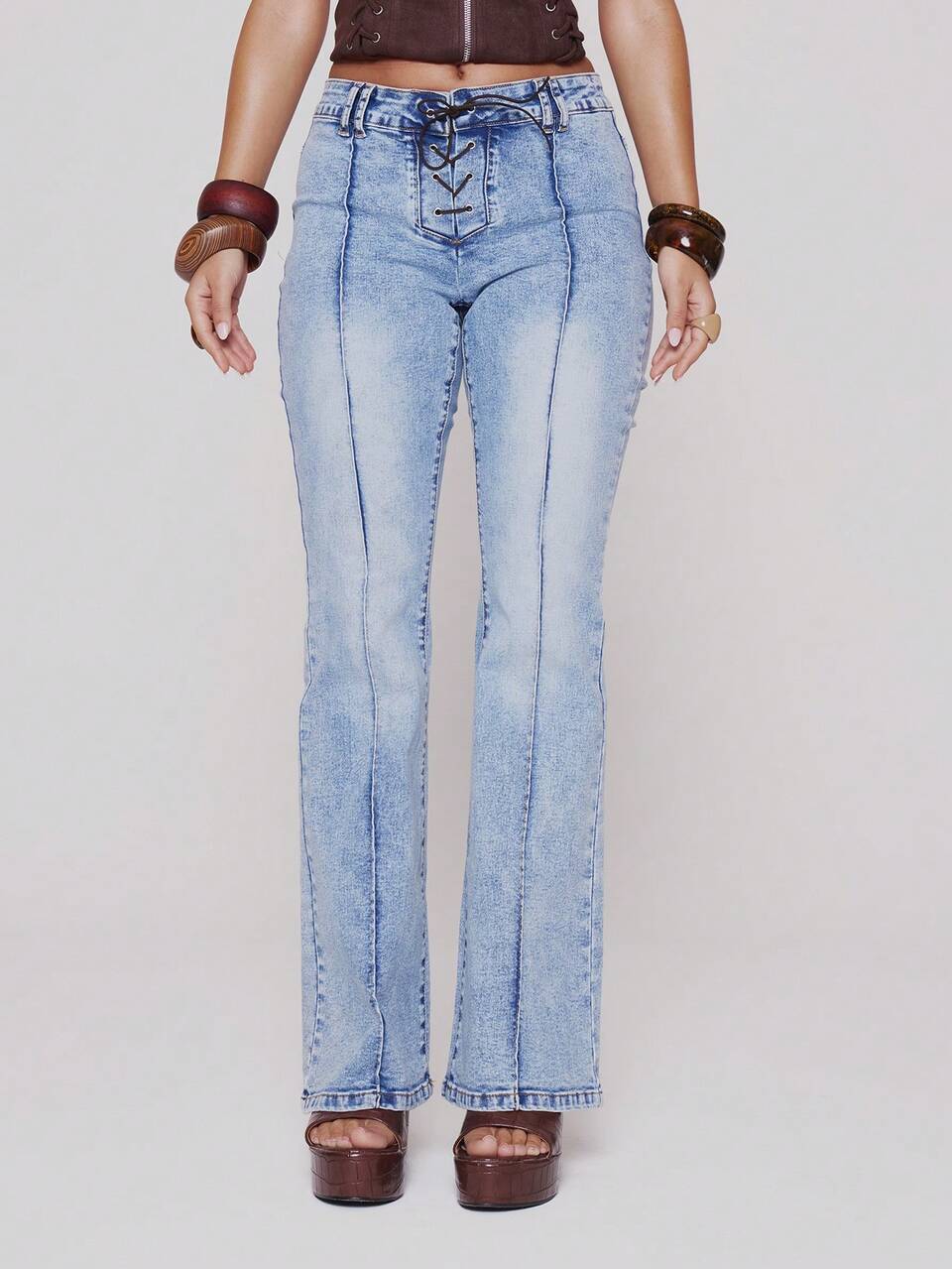 Mittlere Taille Schnürung Vorne Gewaschene Denim Weite Jeans Frühling Sommer Festival Sexy Ibiza Urlaub Ferien Y2K Cowgirl Dekonstrierter Cowboy