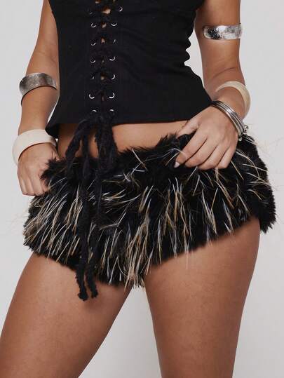 MUSERA Faux Fur Low Rise Fitted Micro Shorts Hotpants Spring Summer Festival Sexy Ibiza Vacation Holiday Y2k Cowgirl Deconstructed Cowboy