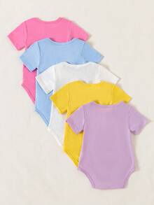 SHEIN 5pcs/Set Baby Girls' Soft & Comfortable Crew Neck Solid Color Romper, Fashionable Casual Daily Wear, Easy On/Off, Suitable For Spring/Summer - Multicolor - View 2