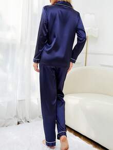 Contrast Binding Satin Pyjama Set - Navy Blue - View 2