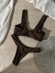 Swim Chiccia 女士纯色粗肩带金属装饰度假泳装套装 - 棕色 - 查看 3