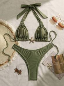 Swim Chiccia 女士两件套浪漫复古性感优雅挂脖褶皱设计咖啡棕色沙滩比基尼套装 - 橄欖綠 - 查看 3