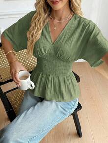 BizChic 春夏新款纹理竖条纹褶皱蝙蝠袖松紧腰显瘦荷叶边下摆女式衬衫，复古学院风，百搭夏季穿着，也适合复活节、圣帕特里克节等场合。 - 綠色 - 查看 2