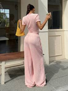 Muchica Ținută casual pentru femei, cu mânecă scurtă și pantaloni largi, cu dungi - Roz - Vizualizare 2