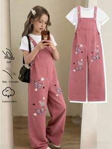 SHEIN Tween Girls' Summer Casual Back-To-School Dusty Pink Denim Jumpsuit,Cute Butterfly Print Metal Button Strap Long Pants,School Vintage Overalls - Pink - View 10