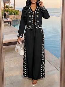 SHEIN Lady Bộ đồ nữ gồm áo dài tay buộc dây phía trước in hoa và quần ống rộng, kiểu dáng thường ngày. - màu đen - Xem 8