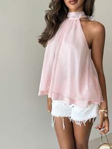 Aloruh Áo kiểu nữ thanh lịch màu hồng bóng, hở lưng - Hồng - Xem 7