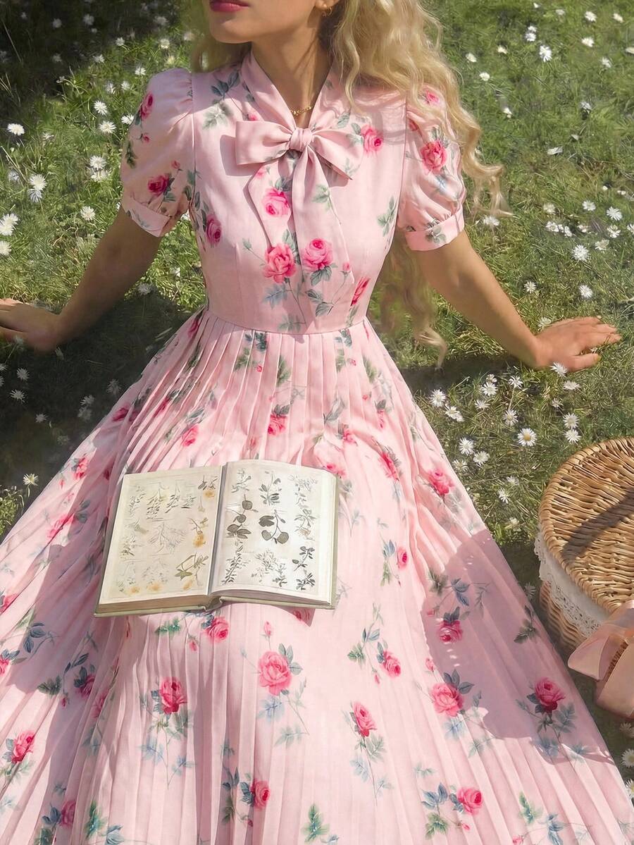 1 pieza Vestido largo de verano elegante y dulce para adolescentes, con cuello en color albaricoque, detalle de lazo, mangas cortas, cintura ajustada y falda plisada, ideal para uso diario, compras, fiestas de jardín y talla grande - Rosa Pálido - Ver 1