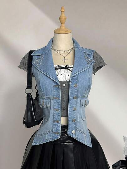 Elamini Áo khoác denim cài cúc cổ ve áo phong cách Y2K thường ngày gợi cảm