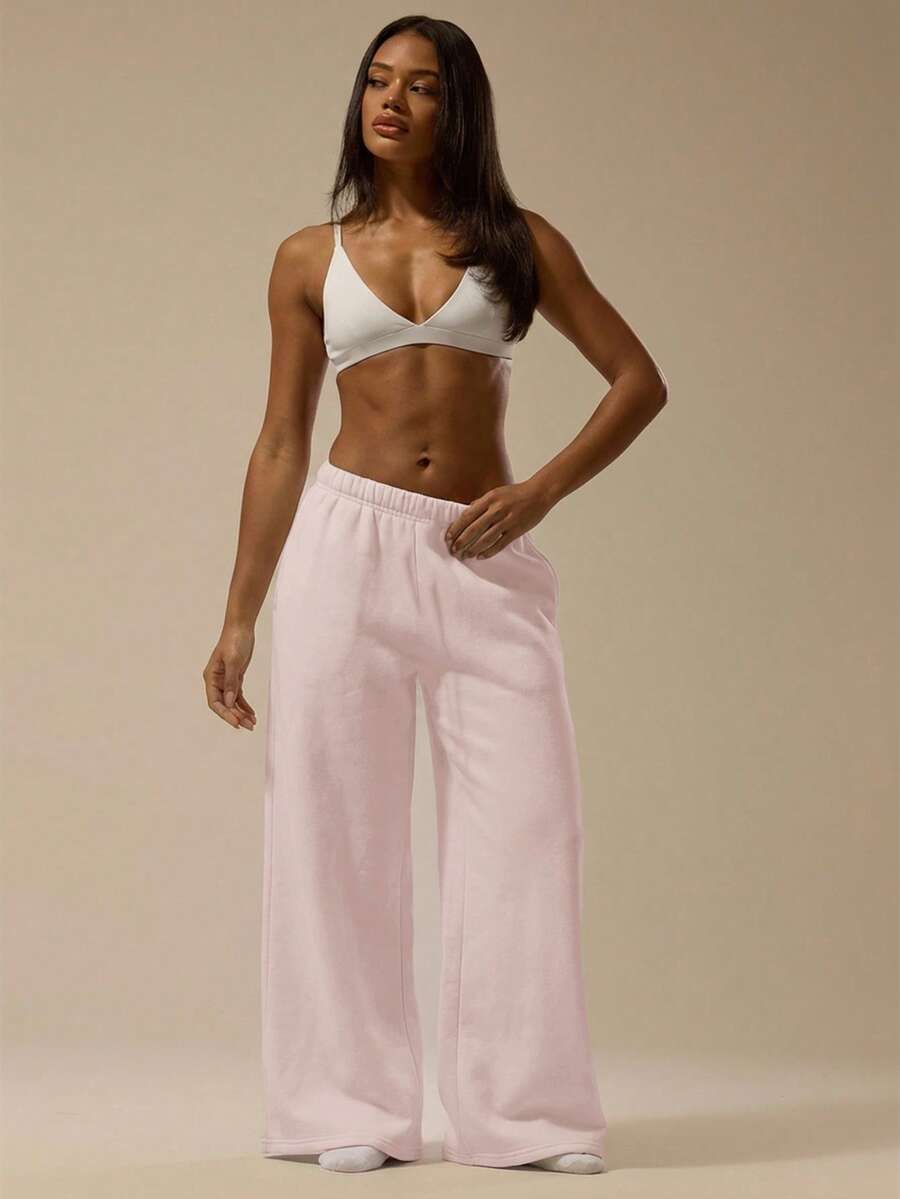 MUSERA ESSENTIALS Oversized Wide Leg Drawstring Joggers Casual Everyday Relaxed Basic Sweat Holiday Summer - Baby Pink - View 1