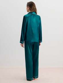 Hourtrue Ensemble de pyjama femme avec col contrasté et manches longues, vêtements d'automne et d'hiver - Bleu canard - Voir 2