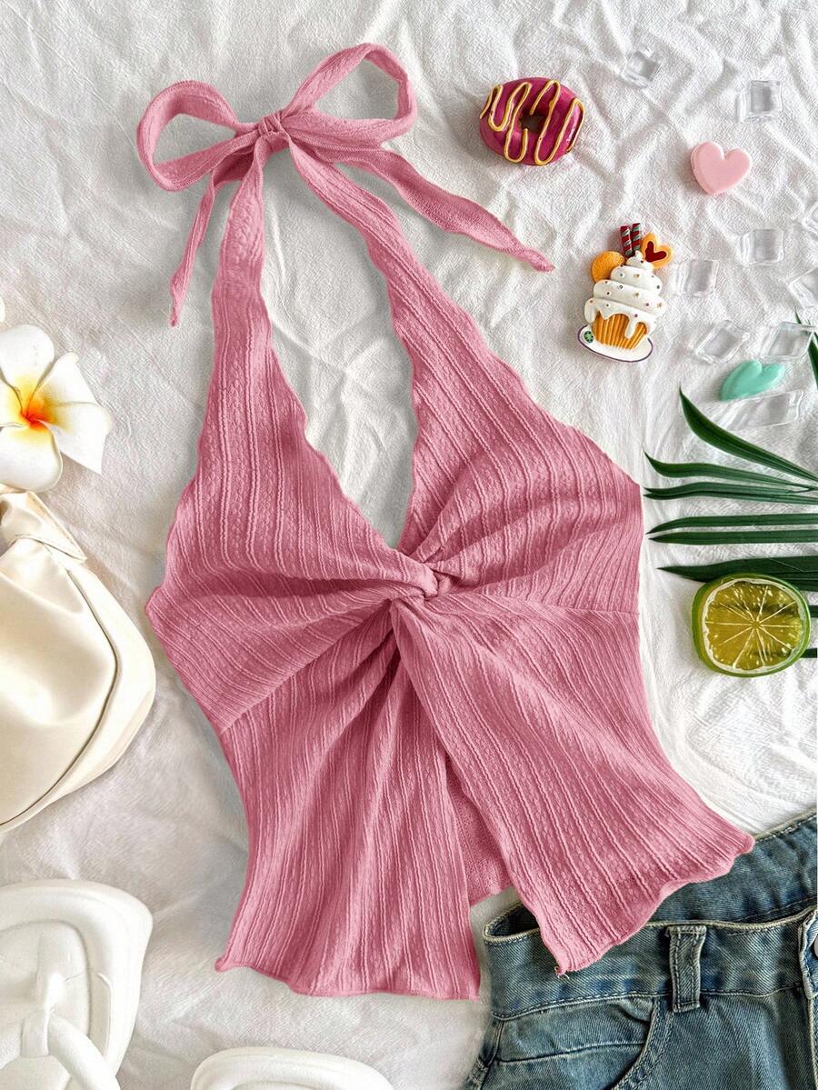 SHEIN Áo hai dây cổ yếm thắt nơ, xẻ tà, hở lưng dành cho nữ tuổi teen, áo hai dây chấm bi tay phồng dáng chữ A xẻ tà, màu đen mù tạt, chất liệu vải dệt họa tiết, viền ren xoắn phía trước, thích hợp cho mùa hè, kỳ nghỉ, và thời trang. - Hồng - Xem 1