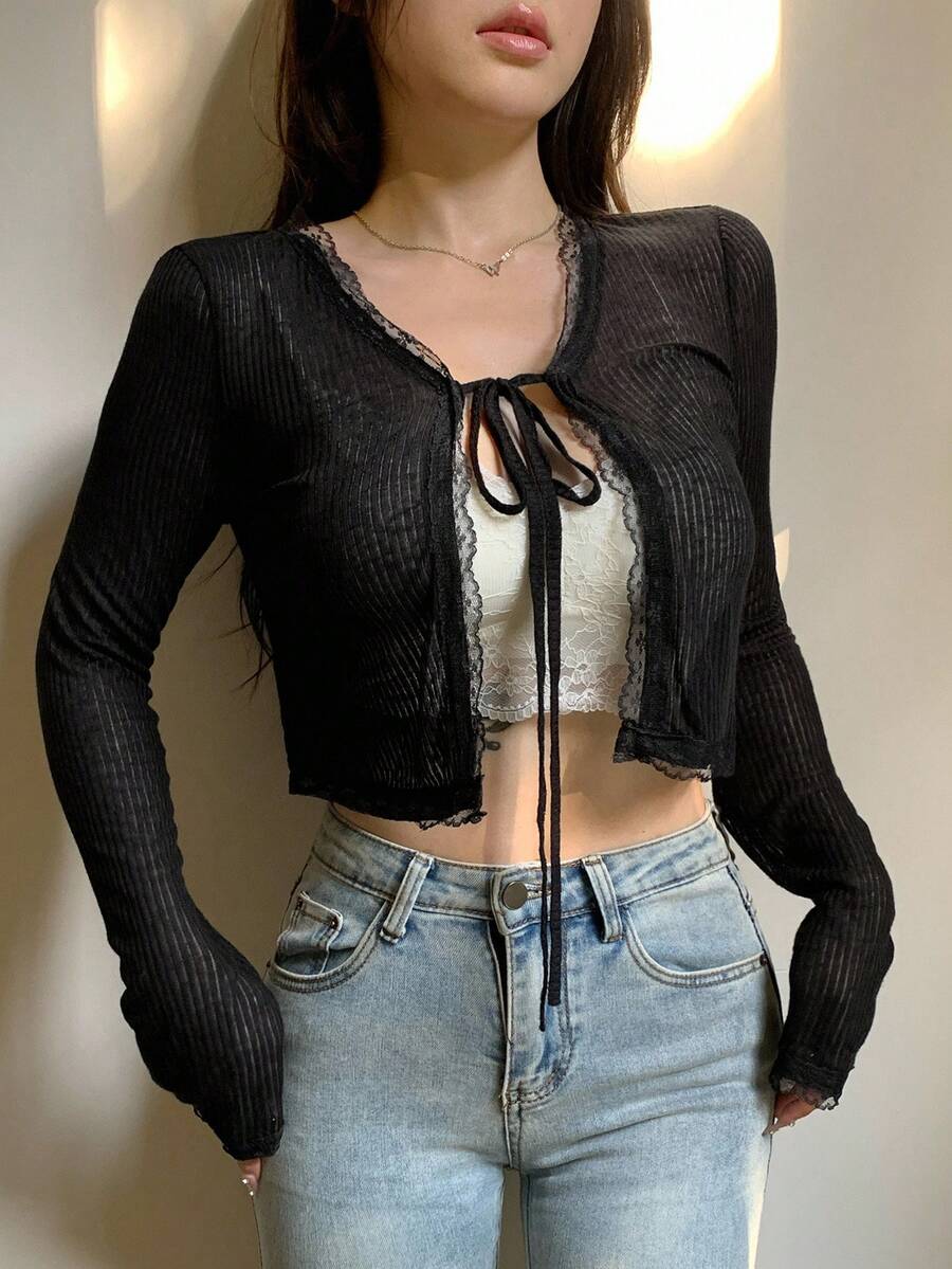 DAZY Women's Lace Panel Drawstring Tie Long Sleeve Top Going Out Tops,Fall Women Clothes - Black - View 1