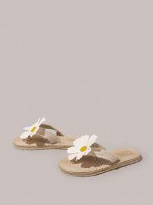 Styleloop Women's Flat Sandals, Summer Open-Toed Hemp Rope Woven Sandals, Rhinestone Shiny Bohemian Vacation Shoes, Roman Beach Sandals, Slippers Outside, Vacation Atmosphere, Summer Wear, Travel Essentials Summer Shoes - Khaki + White Sunflower - View 3