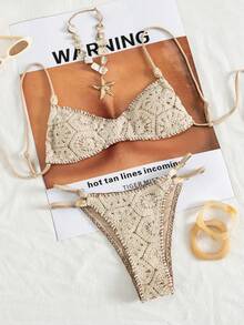 Swim SXY 两件套性感泳衣套装，吊带露背上衣搭配镂空腰部可调节比基尼，女士沙滩度假装 - 米色 - 查看 5