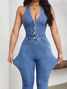 Flexra Mono de mezclilla con vuelo, de uso casual, con bolsillos, con espalda descubierta y atar en el cuello para mujer - Azul - Ver 6