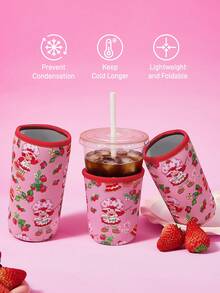 Strawberry Shortcake X SHEIN 1Pc Strawberry Printed Fabric Cup Holder, Neoprene Cup Sleeve Thermal Insulation Material, Reusable, S/M/L Three Sizes, Suitable For Different OZ Coffee Cups - Pink - View 3