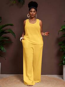 Slaydiva Mustard Yellow Summer Smart Casual Vacation Plus Size Women's 2-Piece Set,Loose Textured U-Neck Sleeveless Tank Top & Elastic Waist Palazzo Pants - Yellow - View 4