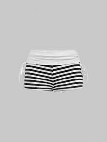 ROMWE 朋克摇滚可爱复古音乐节条纹撞色抽绳超短女式短裤 - 白色 - 查看 5