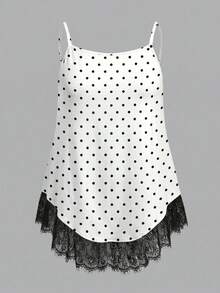 SHEIN EZwear 大码女装两件套，黑白条纹，黑白波点撞色蕾丝吊带背心套装，蕾丝吊带背心，优雅上衣，吊带背心，女士无袖上衣，大码吊带背心，女士细肩带上衣，女士吊带背心，夏季女装上衣 - 黑與白 - 查看 5