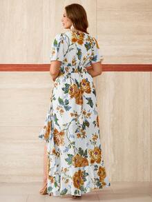 Roveilla 加大码V领雪纺印花荷叶边袖褶裥开衩下摆飘逸优雅复古长裙，适合派对和假日穿着 - 彩色 - 查看 2