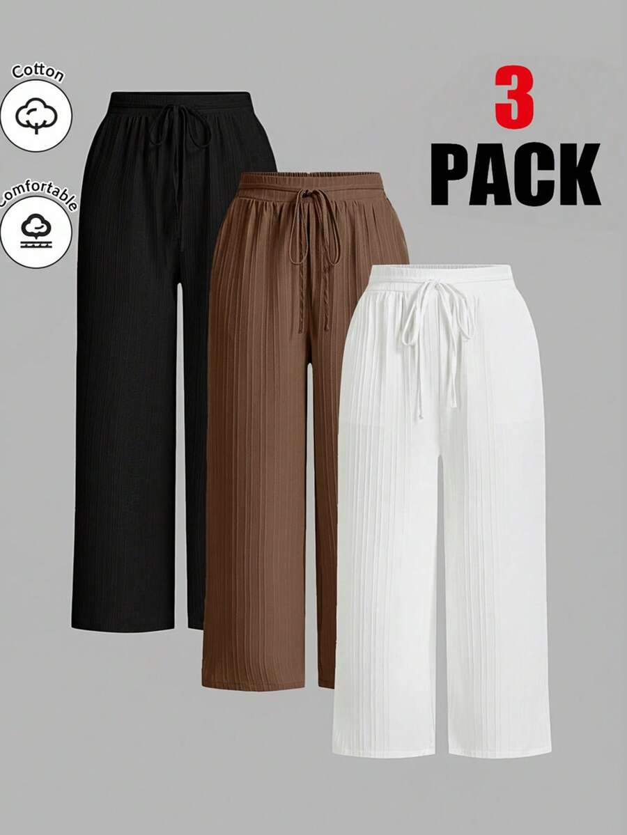 SHEIN Essnce Plus-Size Women's Spring/Summer Fashion Casual Loose Comfortable Everyday Basic Versatile Slimming Elastic Waist Multi-Color Basic Wide-Leg Pants 3 Pack,Women Bottom,Spring Outfits,Simple Style,Baggy Pants Pleated Pants Elastic Waist Pants For Women Wide Leg Pants Comfortable Pants 3 Pack Pants - Multicolor - View 1