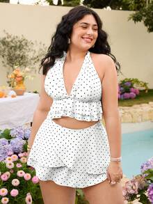 Swim Mod Bộ đồ bơi tankini cỡ lớn in họa tiết chấm bi, gồm áo hai dây và quần short, kèm váy. - trắng - Xem 4