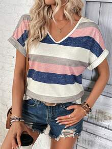 EMERY ROSE Color Block Striped Batwing Sleeve Casual T-Shirt Graphic Tees Women Tops Day Time Navy Blue Summer - Multicolor - View 4
