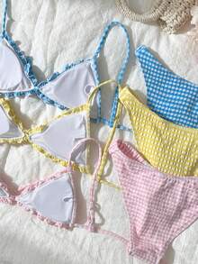 Swim Shayni Bộ bikini 6 món mùa hè dành cho nữ, họa tiết kẻ caro, xếp ly, buộc dây cổ, kèm quần lót tam giác. - Nhiều màu - Xem 7