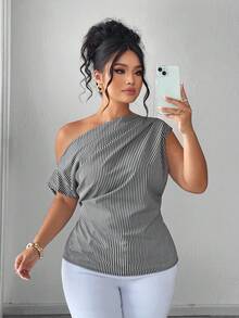 Elenzga Plus Size Women's Elegant Sexy Striped Print Short Sleeve Blouse, Suitable For Work Cocktail And Commute, Spring/Summer Black And White - Black and White - View 1