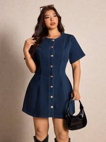 Elaquor Plus Size Women Single-Breasted Ruched Fashionable Date Denim Dress - Light Wash - View 5