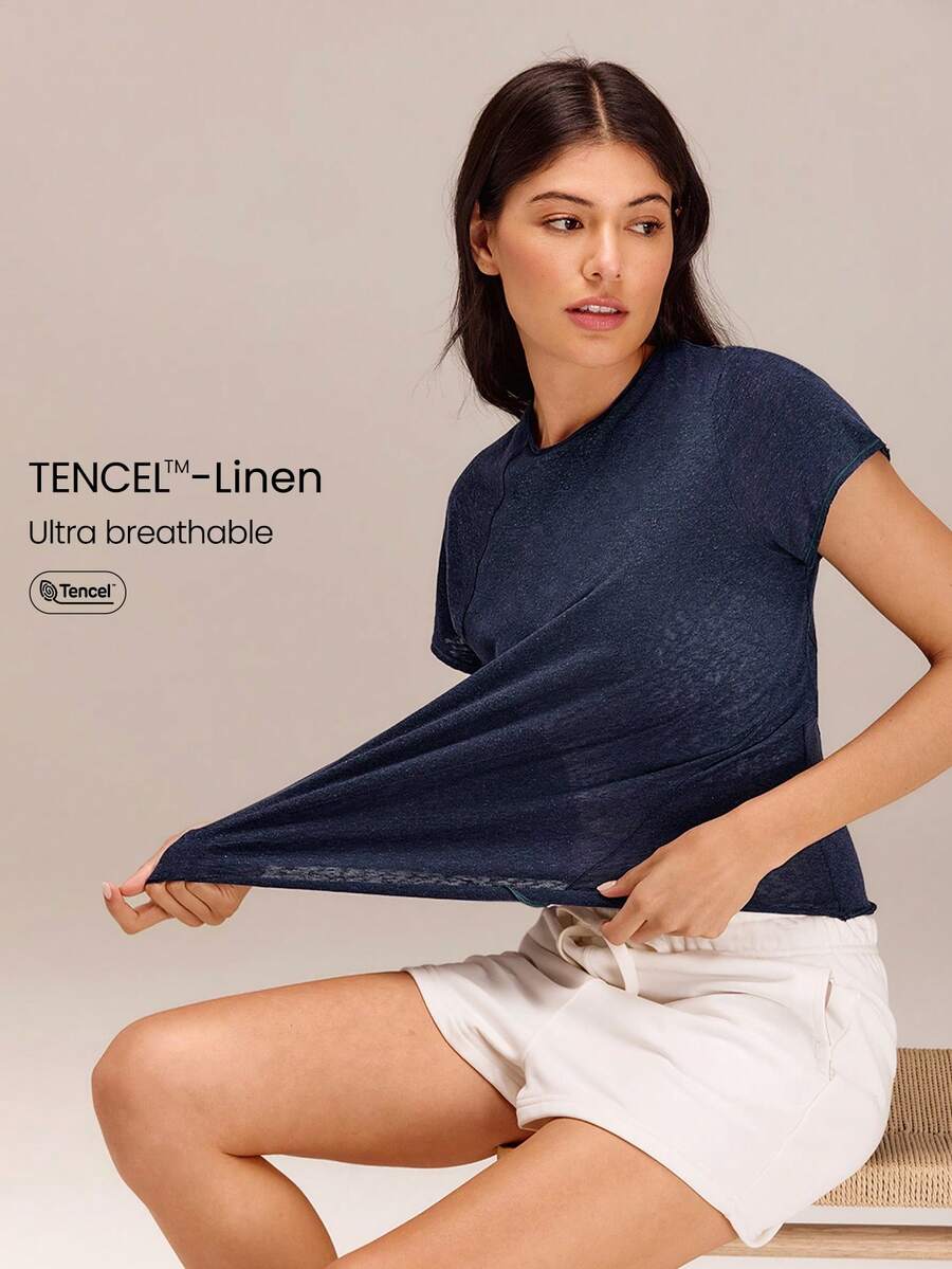 GLOWMODE TENCEL™-Linen 轻薄常规版型及腰不对称薄纱亚麻双层滚边圆领T恤，适合度假、夏季旅行、海滩日常休闲穿着 - 藏蓝色 - 查看 1
