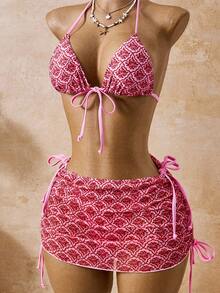 Bellisia Bộ bikini 3 mảnh dành cho nữ, size 26SS, mùa xuân/hè, in họa tiết mới, cổ chữ V, hở lưng, gồm áo bra tam giác, quần bikini buộc dây phía trước và chân váy lưới. - Nhiều màu - Xem 5