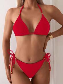 Swim Basics 女款夏季海灘純色掛脖綁帶性感比基尼三角褲兩件式泳衣套裝 - 彩色 - 查看 3