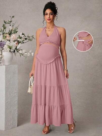 Momance Ensemble 2 pièces pour femmes composé d'un débardeur de couleur unie avec nœud torsadé élégant et d'une robe de maternité longue