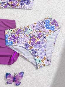 SHEIN Vintaside Kids 少女碎花比基尼套装，三件套泳衣，配有可调节肩带上衣、三角泳裤和雪纺裙，适合夏季度假、海滩、游泳池、假日派对等场合。 - 紫色 - 查看 3