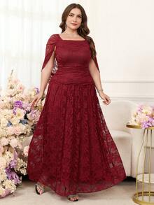 大码女式蕾丝腰部褶皱优雅连衣裙 - 紅色 - 查看 7