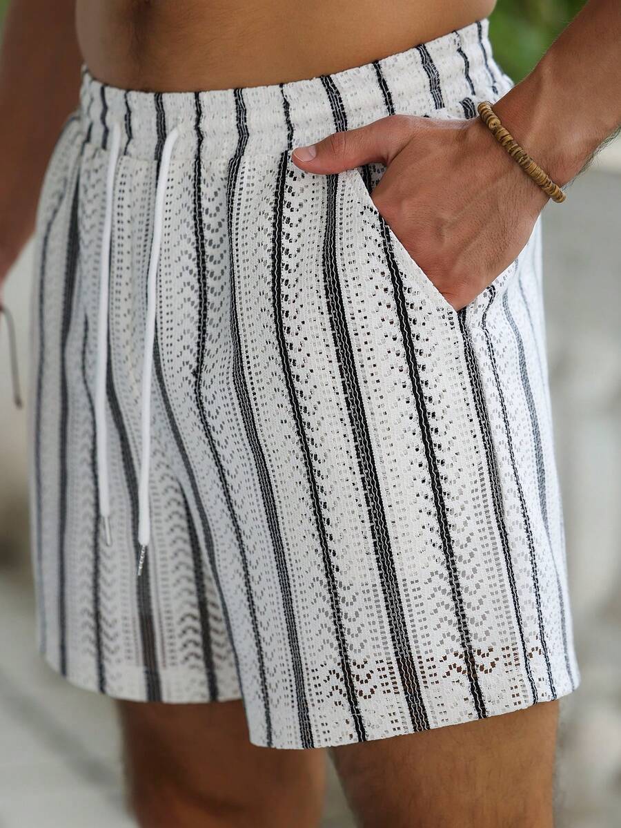 VENTUSAIL 男士抽绳腰带口袋条纹休闲百搭日常短裤 - 黑與白 - 查看 1