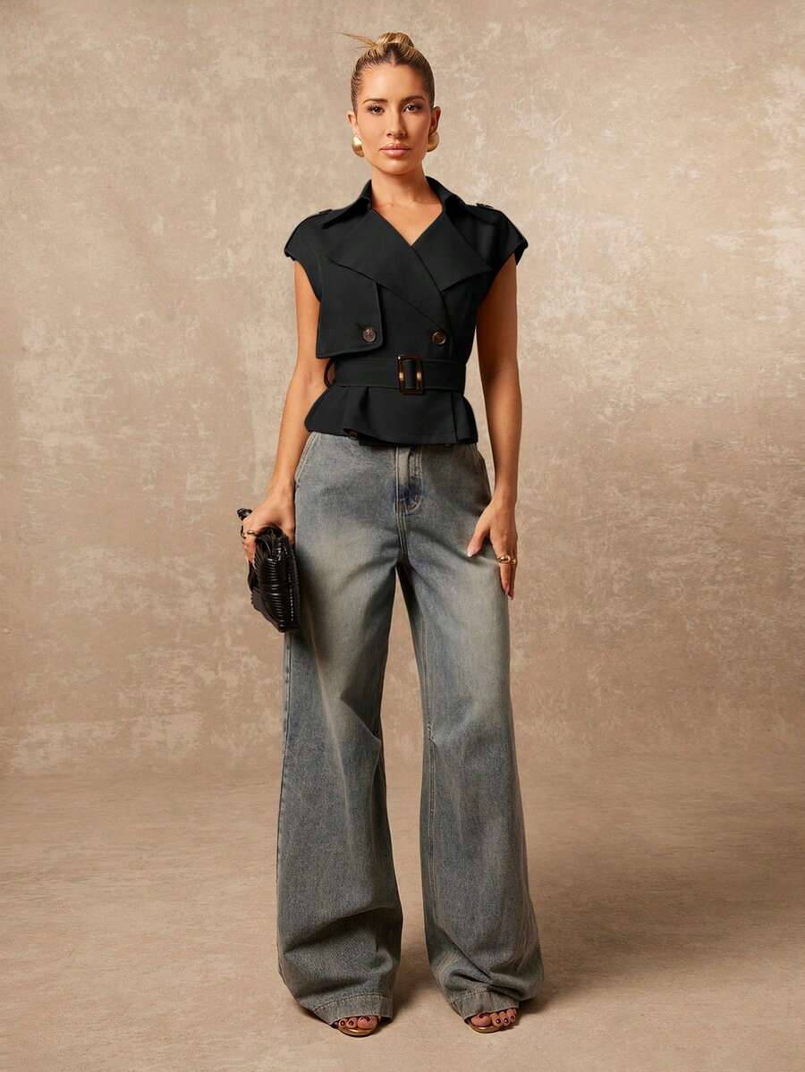 Lumalex 新款秋冬/春季高端女士休闲日常通勤卡其色立领弧肩双排扣设计收腰无袖短款风衣/背心外套，新款春季女装，春夏服装，日常商务休闲装，休闲优雅服装 - 黑色 - 查看 1