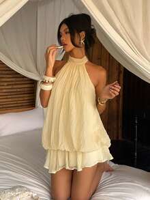 Aloruh Women's Cream Elegant Halter Neck Soft Crepe Tie Mini Dress,Summer Boho Beach Vacation Holiday Resort Wear,Backless Fitted Sundress,Cruise Outfit - Light Yellow - View 5
