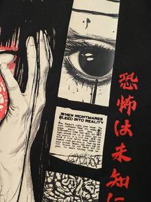 ROMWE MEN Anime Áo thun nam dáng rộng, vai rớt, ngắn, in họa tiết - màu đen - Xem 5