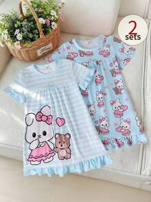 2-Piece Girls Toddler White Fairy Night Short Sleeve Nightgown Skirt Cartoon Rabbit & Bear Print Pajamas Ruffle Hem Soft Knit Sleepwear Homewear Set - Baby Blue - View 7