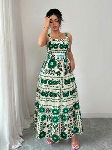 SHEIN Elenzya Đầm maxi nữ cỡ lớn in hoa, cổ vuông, thắt eo, dáng chữ A, thiết kế nơ phía sau, thích hợp cho công sở, đi làm, phong cách tối giản thanh lịch, lãng mạn đồng quê Pháp, hẹn hò, đi biển, nghỉ mát, xuân hè. - màu xanh lá - Xem 6
