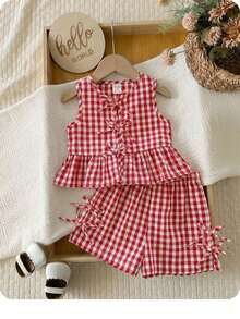 SHEIN LMoss Kids Bộ đồ liền thân không tay kẻ caro đỏ giản dị mùa hè cho bé gái và quần short cạp chun - Đỏ và trắng - Xem 1