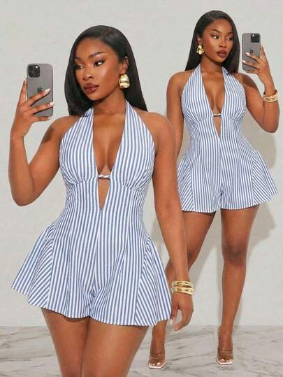 SHEIN SXY 大码女式条纹深V领性感吊带连体衣