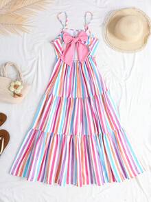 SHEIN Girls' Spring/Summer Fashion Bowknot Backless Splice Contrast Color Slip Dress, Suitable For Vacation, Party, Daily Wear, Wedding And Other Occasions - Multicolor - View 7