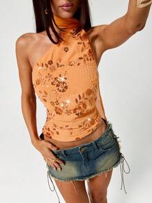 SHEIN ICON Top sin mangas con cuello de halter con cuentas naranja para mujer, conjunto de vacaciones/playa de ajuste ceñido - Naranja - Ver 8