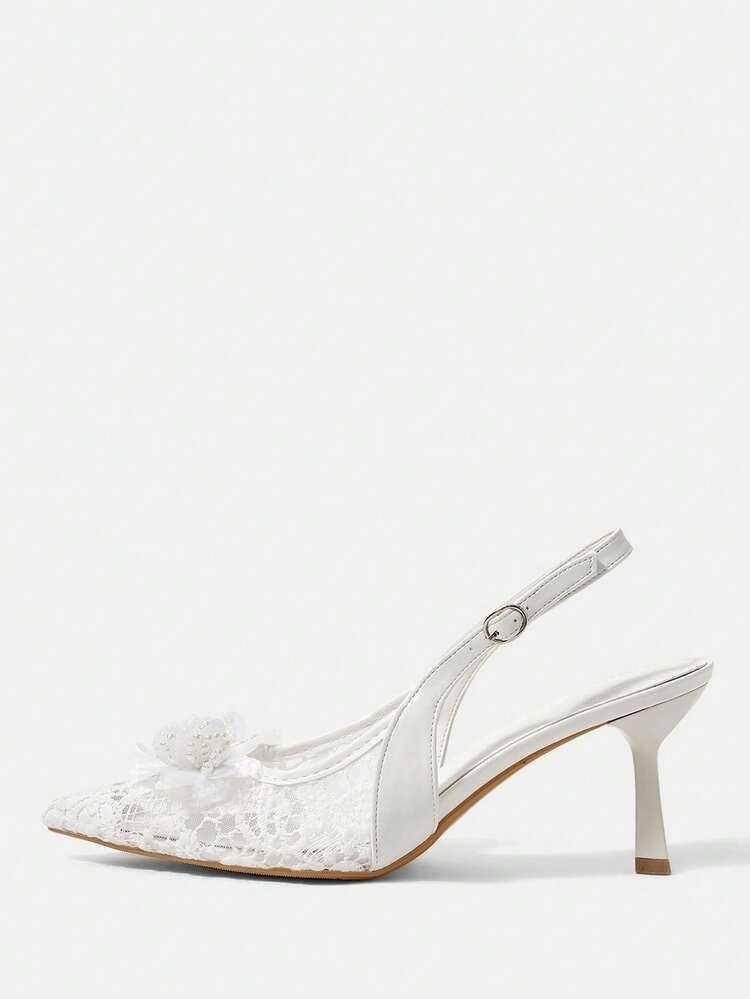 CUCCOO HITCHD Women Shoes Spring And Summer Sexy Lace Pearl Flower Decoration Pointed Toe Thin Heel Slingback Buckle 7.5cm Women's High Heel Shoes Fairy Solid Color Mesh Breathable Daily Dating Wedding Banquet Evening Dress Matching