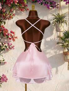 Amplova Women's Elegant Hollow-Out Backless Spaghetti Strap Mini Dress, Summer - Pink - View 10